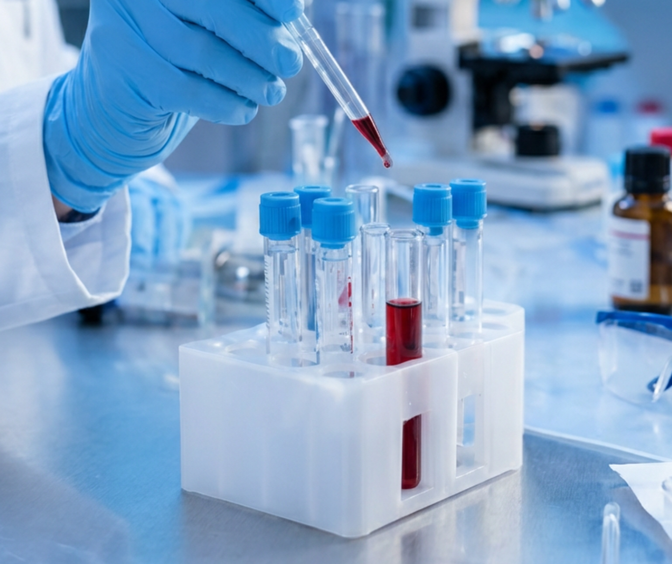 Blood drop in laboratory testing scene